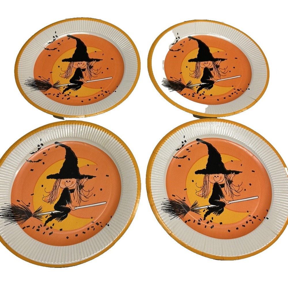 1960s Halloween Party Plates Set Of 4 - 9 Inch Diameter. Cute Witch Broom orange